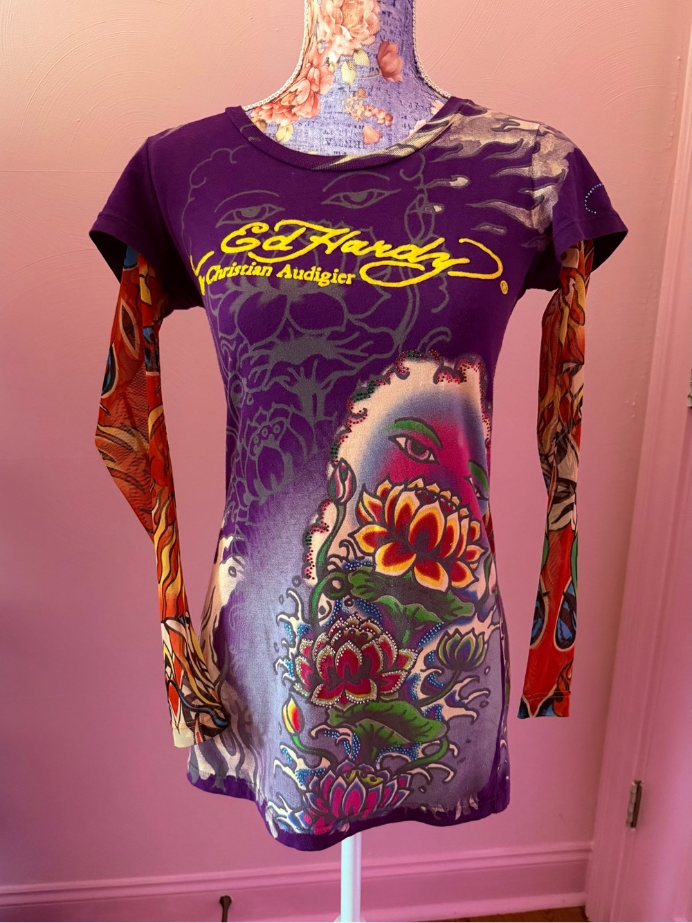 SUPER RARE Vintage Ed Hardy Graphic Tattoo Sleeve Mesh Rhinestone T Shirt - XS